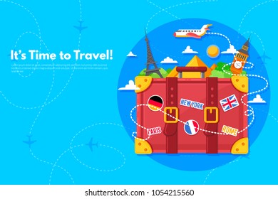 It’s Time to Travel.Trip to World. Travel to World. Vacation. Road trip. Tourism. Travel banner. Journey. Travelling illustration. Modern flat design. EPS 10. Colorful.