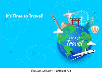 It’s Time to Travel.Trip to World. Travel to World. Vacation. Road trip. Tourism. Travel banner. Journey. Travelling illustration. Modern flat design. EPS 10. Colorful.