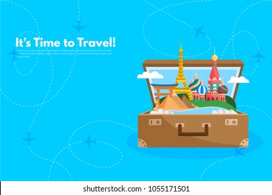It’s Time to Travel.Trip to World. Travel to World. Vacation. Road trip. Tourism. Travel banner. Open suitcase with landmarks. Journey. Travelling illustration. Modern flat design. EPS 10. Colorful.