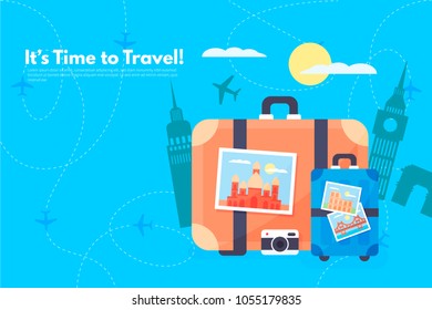 It’s Time to Travel.Trip to World. Travel to World. Vacation. Road trip. Tourism. Travel banner. Journey. Travelling illustration. Modern flat design. EPS 10. Colorful.