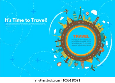 It’s Time to Travel.Trip to World. Travel to World. Vacation. Road trip. Tourism. Travel banner. Journey. Travelling illustration. Modern flat design. EPS 10. Colorful.