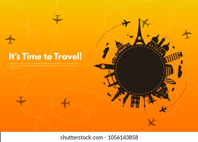 It’s Time to Travel.Trip to World. Travel to World. Vacation. Road trip. Tourism. Travel banner. Journey. Travelling illustration. Modern flat design. EPS 10. Colorful.