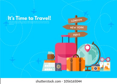 It’s Time to Travel.Trip to World. Travel to World. Vacation. Road trip. Tourism. Travel banner. Journey. Travelling illustration. Modern flat design. EPS 10. Colorful.