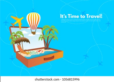 It’s Time to Travel.Trip to World. Travel to World. Vacation. Road trip. Tourism. Travel banner. Open suitcase with landmarks. Journey. Travelling illustration. Modern flat design.