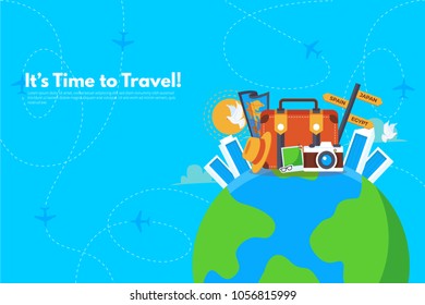 It’s Time to Travel.Trip to World. Travel to World. Vacation. Road trip. Tourism. Travel banner. Journey. Travelling illustration. Modern flat design. EPS 10. Colorful.