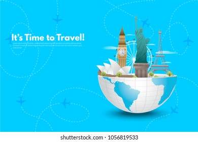 It’s Time to Travel.Trip to World. Travel to World. Vacation. Road trip. Tourism. Travel banner. Journey. Travelling illustration. Modern flat design. EPS 10. Colorful.