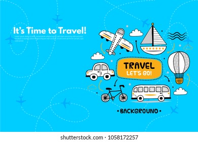 It’s Time to Travel.Trip to World. Travel to World. Vacation. Road trip. Tourism. Travel banner. Journey. Travelling illustration. Modern flat design. EPS 10. Colorful.