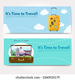 It’s Time to Travel.Trip to World. Travel to World. Vacation. Road trip. Tourism. Travel banner. Journey. Travelling illustration. Modern flat design. EPS 10. Colorful.