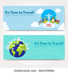 It’s Time to Travel.Trip to World. Travel to World. Vacation. Road trip. Tourism. Travel banner. Journey. Travelling illustration. Modern flat design. EPS 10. Colorful.