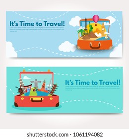 It’s Time to Travel.Trip to World. Travel to World. Vacation. Road trip. Tourism. Travel banner. Journey. Travelling illustration. Modern flat design. EPS 10. Colorful.