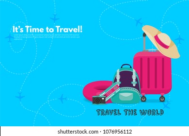 It’s Time to Travel.Trip to World. Travel to World. Vacation. Road trip. Tourism. Travel banner. Journey. Travelling illustration. Modern flat design. EPS 10. Colorful.