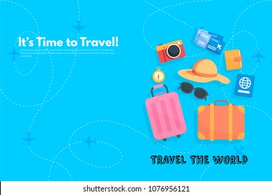 It’s Time to Travel.Trip to World. Travel to World. Vacation. Road trip. Tourism. Travel banner. Journey. Travelling illustration. Modern flat design. EPS 10. Colorful.