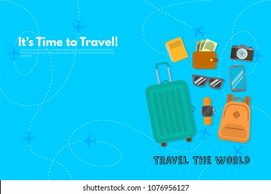 It’s Time to Travel.Trip to World. Travel to World. Vacation. Road trip. Tourism. Travel banner. Journey. Travelling illustration. Modern flat design. EPS 10. Colorful.