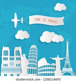 It’s Time to Travel.Trip to World. Travel to World. Vacation. Road trip. Tourism. Travel banner.Modern flat design. EPS 10. Colorful. 