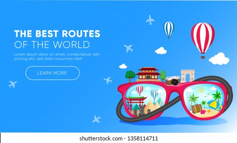 It’s Time to Travel.Trip to World. Travel to World. Vacation. Road trip. Tourism. Travel banner.Modern flat design. EPS 10. Colorful. 