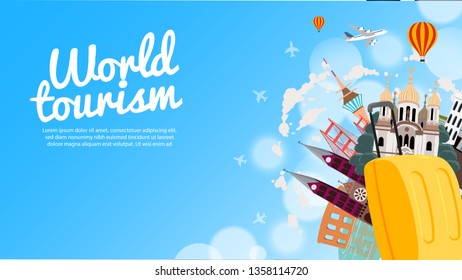 It’s Time to Travel.Trip to World. Travel to World. Vacation. Road trip. Tourism. Travel banner.Modern flat design. EPS 10. Colorful. 