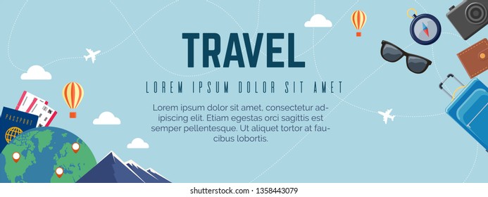 It’s Time to Travel.Trip to World. Travel to World. Vacation. Road trip. Tourism. Travel banner.Modern flat design. EPS 10. Colorful. 