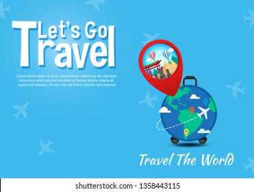 It’s Time to Travel.Trip to World. Travel to World. Vacation. Road trip. Tourism. Travel banner.Modern flat design. EPS 10. Colorful. 