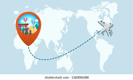 It’s Time to Travel.Trip to World. Travel to World. Vacation. Road trip. Tourism. Travel banner.Modern flat design. EPS 10. Colorful. 
