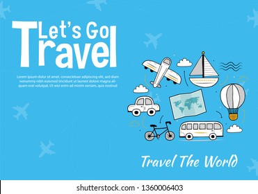 It’s Time to Travel.Trip to World. Travel to World. Vacation. Road trip. Tourism. Travel banner.Modern flat design. EPS 10. Colorful. 