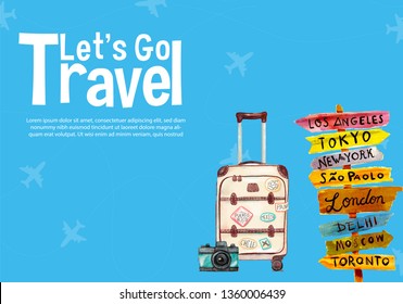 It’s Time to Travel.Trip to World. Travel to World. Vacation. Road trip. Tourism. Travel banner.Modern flat design. EPS 10. Colorful. 