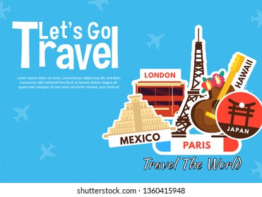 It’s Time to Travel.Trip to World. Travel to World. Vacation. Road trip. Tourism. Travel banner.Modern flat design. EPS 10. Colorful. 