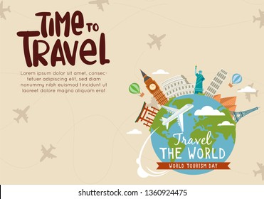 It’s Time to Travel.Trip to World. Travel to World. Vacation. Road trip. Tourism. Travel banner.Modern flat design. EPS 10. Colorful. 