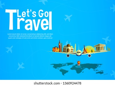 It’s Time to Travel.Trip to World. Travel to World. Vacation. Road trip. Tourism. Travel banner.Modern flat design. EPS 10. Colorful. 