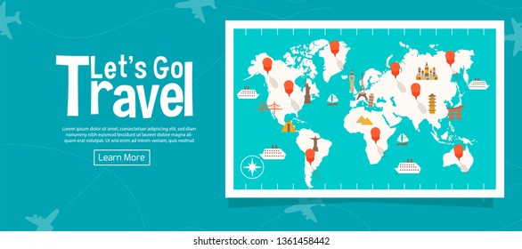 It’s Time to Travel.Trip to World. Travel to World. Vacation. Road trip. Tourism. Travel banner.Modern flat design. EPS 10. Colorful. 