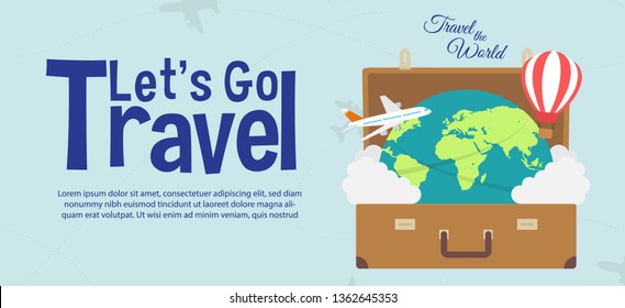 It’s Time to Travel.Trip to World. Travel to World. Vacation. Road trip. Tourism. Travel banner.Modern flat design. EPS 10. Colorful. 