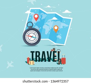 It’s Time to Travel.Trip to World. Travel to World. Vacation. Road trip. Tourism. Travel banner.Modern flat design. EPS 10. Colorful. 