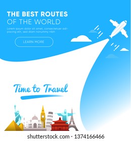 It’s Time to Travel.Trip to World. Travel to World. Vacation. Road trip. Tourism. Travel banner.Modern flat design. EPS 10. Colorful.