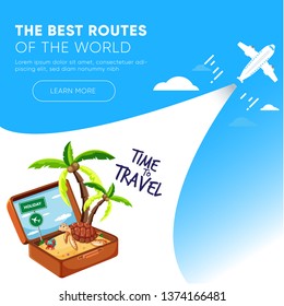 It’s Time to Travel.Trip to World. Travel to World. Vacation. Road trip. Tourism. Travel banner.Modern flat design. EPS 10. Colorful.