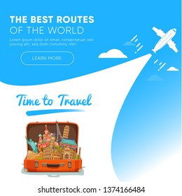 It’s Time to Travel.Trip to World. Travel to World. Vacation. Road trip. Tourism. Travel banner.Modern flat design. EPS 10. Colorful.