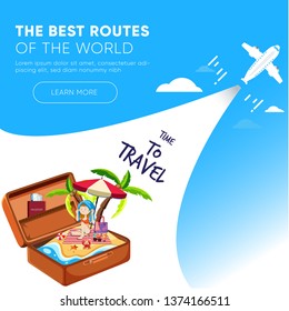 It’s Time to Travel.Trip to World. Travel to World. Vacation. Road trip. Tourism. Travel banner.Modern flat design. EPS 10. Colorful.