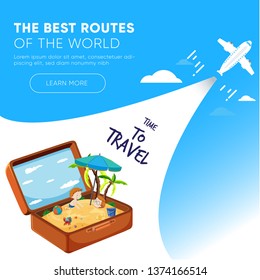 It’s Time to Travel.Trip to World. Travel to World. Vacation. Road trip. Tourism. Travel banner.Modern flat design. EPS 10. Colorful.