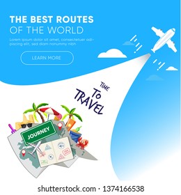 It’s Time to Travel.Trip to World. Travel to World. Vacation. Road trip. Tourism. Travel banner.Modern flat design. EPS 10. Colorful.