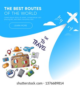 It’s Time to Travel.Trip to World. Travel to World. Vacation. Road trip. Tourism. Travel banner.Modern flat design. EPS 10. Colorful.