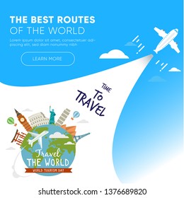 It’s Time to Travel.Trip to World. Travel to World. Vacation. Road trip. Tourism. Travel banner.Modern flat design. EPS 10. Colorful.
