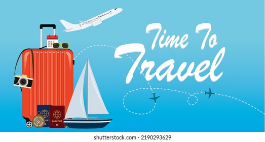 Time to Travel.Trip to World. Vacation. luggage and planes placed on the passport for making advertising media about tourism, Journey. vector for travel and transport concept design