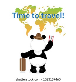 Time to travel.World map on the wall.Panda bear stands with a suitcase and holds ticket,document.On the head a hat.Vector illustration.Isolated,white background.Travel concept,vacation,tourism,trip