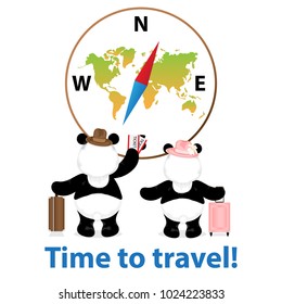 Time to travel.World map,compass.Two pandas bears stands with a suitcase and holds ticket,document.On the head a hat.Vector illustration.Isolated,white background.Travel concept,vacation,tourism,trip
