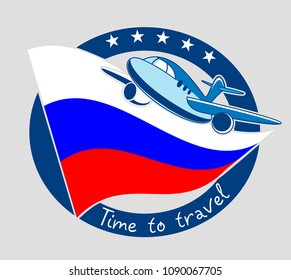 Time of trip. Aircraft on the background of the national flag of Russia.