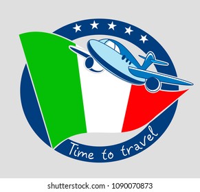 Time of trip. Aircraft on the background of the national flag of Italy.
