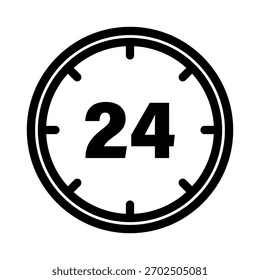 Tempo vinte e quatro 24. Ícone de serviço de Horas. Símbolo de Vetor de Relógio. Gráfico em branco preto.