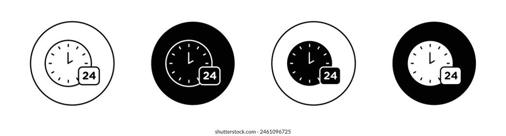 Time twenty four icon set. 24h, 24hrs, 24 hours vector symbol. same day delivery sign. 24hrs support service icon. full day open symbol in black filled and outlined style.