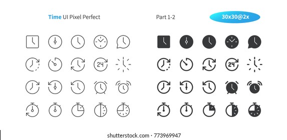 Pixel de interfaz de usuario de tiempo Perfecto Vector bien diseñado Línea delgada e iconos sólidos 30 2x Cuadrícula para gráficos y aplicaciones web. Pictograma mínimo simple Parte 1-2