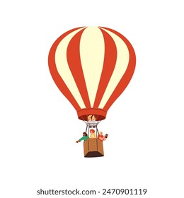 It's time for unusual hot air balloon flights. Friends are enjoying a hot air balloon flight. A vector illustration depicting the excitement of traveling