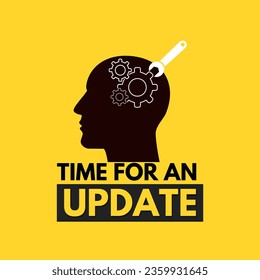 Time for an update. Head icon with settings icon and tool. Brain update
