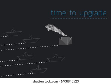 Time to upgrade concept illustration with a folded paper boat and paper steamboat.